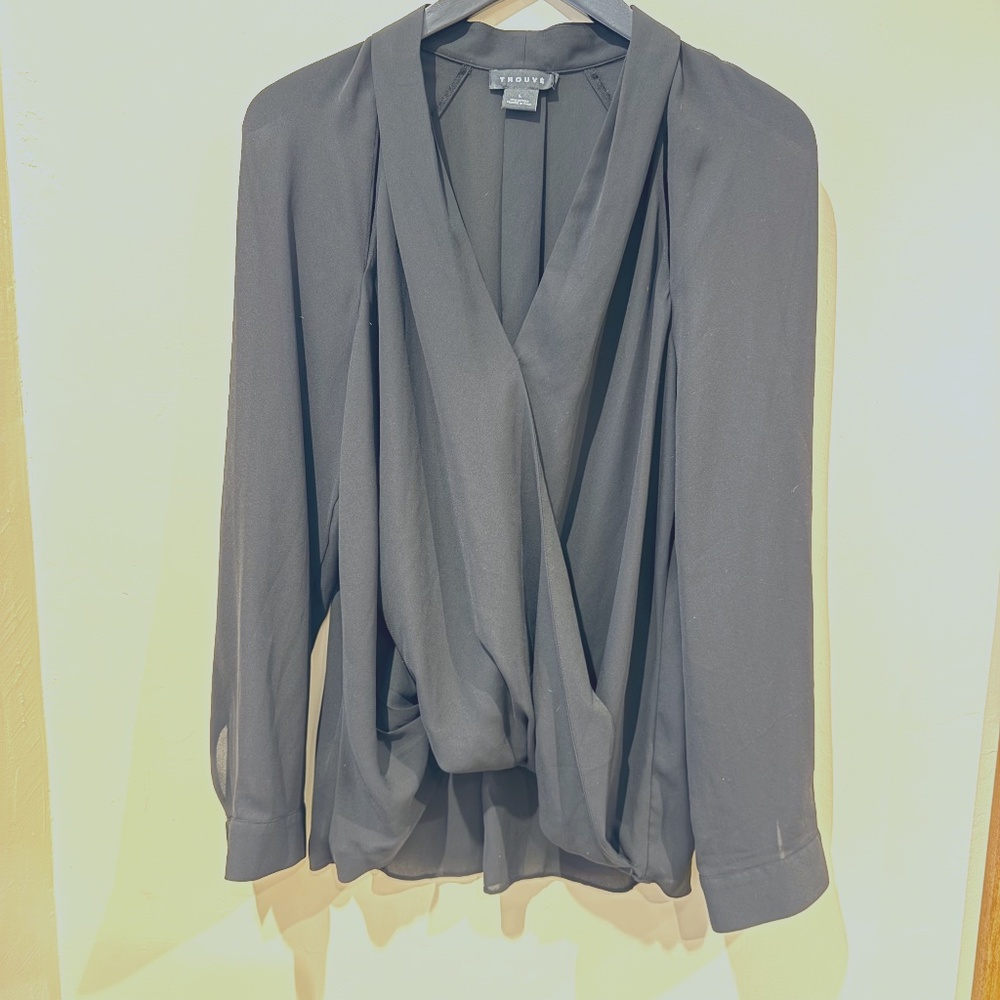 Trouve Chiffon Long Sleeve Blouse draped front - black - L